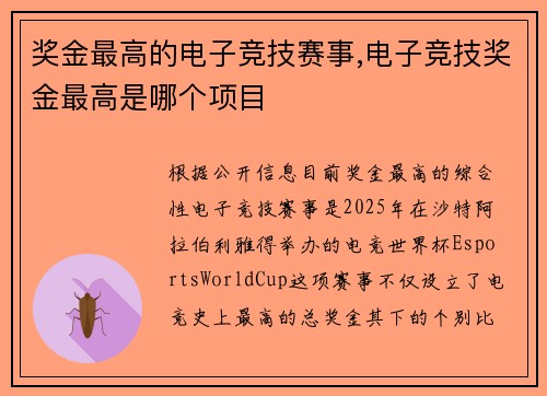 奖金最高的电子竞技赛事,电子竞技奖金最高是哪个项目